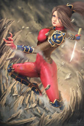 Rule 34 | 1girl, ahoge, armlet, armor, breasts, brown hair, female focus, fingerless gloves, gauntlets, gloves, hair ornament, jumping, knife, long hair, looking at viewer, ninja, nose, pauldrons, ponytail, sheath, sheathed, shoulder armor, skin tight, solo, soul calibur, soulcalibur, soulcalibur iv, taki (soulcalibur), weapon