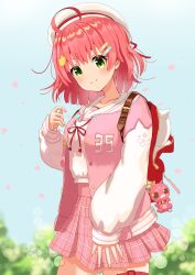 Rule 34 | 1girl, absurdres, green eyes, hat, highres, hololive, lingmu, long sleeves, looking at viewer, outdoors, red hair, sakura miko, short hair, smile, solo, standing, virtual youtuber