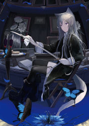 Rule 34 | 1girl, absurdres, alcohol, animal ears, book, bug, butterfly, chair, cleaning, cleaning sword, cleaning weapon, cup, drinking glass, flower, grey hair, grey tail, highres, holding, holding sword, holding weapon, indoors, insect, long hair, long sleeves, looking at viewer, mikisai, open mouth, original, painting (object), purple eyes, sidelocks, sitting, solo, sword, tail, thigh strap, thighhighs, weapon, wine, wine glass