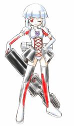 Rule 34 | 1girl, ayukato nuu, black footwear, black skirt, blush, boots, breasts, cannon, clothing cutout, decepticon, gloves, grey footwear, grey gloves, grey leotard, hand on own hip, hasbro, leotard, looking at viewer, mecha musume, megatron, navel, navel cutout, personification, puffy sleeves, red eyes, red footwear, red gloves, short hair, short sleeves, silver hair, skirt, small breasts, smile, standing, thigh boots, thighhighs, transformers, white background, wink