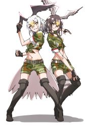 Rule 34 | 2girls, absurdres, arm up, bald eagle (kemono friends), bare arms, belt, bird girl, bird tail, bird wings, black hair, blonde hair, boots, camouflage, camouflage shirt, camouflage shorts, clenched hands, closed mouth, detached collar, fingerless gloves, full body, gloves, gradient hair, grin, hair between eyes, hand up, head wings, highres, japari symbol, kemono friends, kemono friends 3, looking at viewer, medium hair, midriff, multicolored hair, multiple girls, navel, northern goshawk (kemono friends), official alternate costume, orange eyes, outstretched arm, shirt, short sleeves, shorts, sidelocks, simple background, smile, spread wings, standing, stomach, tail, tanabe (fueisei), thigh boots, thighhighs, tied shirt, twisted torso, two-tone hair, white background, white shirt, wings, yellow eyes