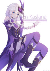 Rule 34 | 1girl, absurdres, blue eyes, boots, braid, braided ponytail, card, closed mouth, gloves, hair between eyes, highres, holding, holding card, honkai (series), honkai impact 3rd, kallen kaslana, kallen kaslana (sixth serenade), long hair, long sleeves, looking at viewer, mask, pants, playing card, purple footwear, purple gloves, purple pants, smile, solo, white background, white hair, wood cube