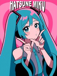 Rule 34 | 1girl, :o, black sleeves, blue eyes, blue hair, blue nails, blue necktie, blush, character name, collared shirt, detached sleeves, dot nose, frilled shirt, frills, grey shirt, hair ornament, halftone, hands up, hatsune miku, highres, index finger raised, long hair, long sleeves, looking at viewer, nail polish, necktie, open mouth, pink background, shirt, sidelocks, simple background, sleeveless, sleeveless shirt, solo, sugarmonaka, teeth, twintails, upper body, very long hair, vocaloid