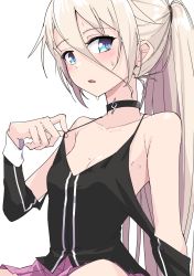 Rule 34 | 1girl, blonde hair, blue eyes, blush, breasts, cevio, choker, highres, ia (rocks) (vocaloid), ia (vocaloid), long hair, off shoulder, pink skirt, pleated skirt, ponytail, skirt, small breasts, solo, sweat, tank top, very long hair, vocaloid, zooanime