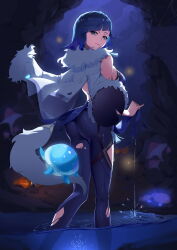 Rule 34 | 1girl, absurdres, artist name, ass, backless outfit, bare shoulders, black leggings, blue dress, blue hair, bob cut, breasts, cave, clothes lift, clothing cutout, diagonal bangs, dianhua dianhua he, dress, from behind, fungi (genshin impact), fur-trimmed jacket, fur trim, genshin impact, green eyes, highres, indoors, jacket, jacket on shoulders, large breasts, leggings, looking at viewer, looking back, parted lips, partially submerged, short hair, tassel, thigh cutout, torn clothes, torn leggings, wet, wet clothes, yelan (genshin impact)