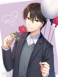 Rule 34 | 1boy, 2018, artist name, balloon, black jacket, black sweater, brown eyes, brown hair, character request, closed mouth, collared shirt, flower, heart, hitsuki rei, holding, holding balloon, holding flower, jacket, leaf, long sleeves, looking at viewer, male focus, open clothes, open jacket, purple background, purple ribbon, red flower, red rose, ribbon, rose, shirt, smile, snowdreams -lost in winter-, solo, sweater, upper body, white day, white shirt