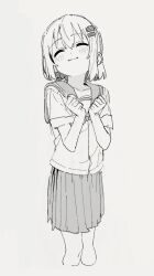 Rule 34 | 1girl, blush, clenched hands, closed eyes, closed mouth, cropped legs, feet out of frame, greyscale, hair ornament, hairclip, happy, highres, knees together feet apart, kona ming, medium skirt, monochrome, pleated skirt, sailor collar, school uniform, serafuku, shirt, short hair, short sleeves, simple background, skirt, smile, solo, white background, yama no susume, yukimura aoi
