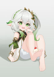 Rule 34 | 1girl, absurdres, barefoot, bracelet, braid, cherry, dress, feet, finger to mouth, food, food on toes, foot focus, fruit, genshin impact, gradient hair, green eyes, green hair, grey background, grey hair, hair ornament, highres, ice cream, jewelry, knees up, leg up, legs, long hair, multicolored hair, nahida (genshin impact), open mouth, pointy ears, short dress, shorts, shorts under dress, side ponytail, simple background, sitting, sleeveless, sleeveless dress, smile, solo, thighs, toes, two-tone hair, white dress, white shorts, yaoli (ysxbd)
