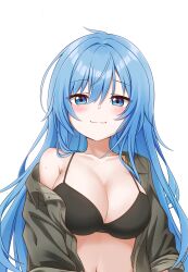Rule 34 | 1girl, :3, absurdres, black bra, blue eyes, blue hair, blush, bra, breasts, cleavage, closed mouth, collarbone, elie wayne, highres, jacket, jan azure, large breasts, long hair, long sleeves, looking at viewer, off shoulder, open clothes, open jacket, original, simple background, smile, solo, split mouth, underwear, upper body, white background