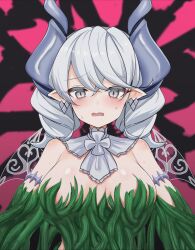 Rule 34 | 1girl, absurdres, blush, breasts, commentary request, commission, duel monster, earrings, grey eyes, grey hair, hair between eyes, highres, horns, jewelry, large breasts, long hair, looking at viewer, lovely labrynth of the silver castle, parted lips, pointy ears, rumiya9i, skeb commission, solo, transparent wings, upper body, wavy mouth, yu-gi-oh!