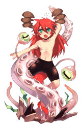Rule 34 | 1boy, alchemist (ragnarok online), alternate costume, antlers, arm up, bike shorts, blush, commentary request, emon-yu, full body, green eyes, hair between eyes, horns, kraken (ragnarok online), long hair, looking at viewer, male focus, nipples, open mouth, pointy ears, ragnarok online, red hair, simple background, slit pupils, tail, tentacles, topless male, white background