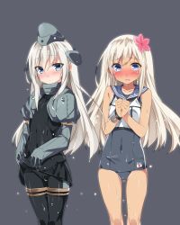 Rule 34 | 10s, 2girls, bare shoulders, bikini tan, black dress, blonde hair, blue eyes, blue one-piece swimsuit, blush, bracelet, crop top, cropped jacket, dress, dual persona, embarrassed, flower, garrison cap, grey background, hair flower, hair ornament, hat, hibiscus, highres, japanese flag, jewelry, juliet sleeves, kantai collection, long hair, long sleeves, looking at viewer, mtu (orewamuzituda), multiple girls, one-piece swimsuit, one-piece tan, open mouth, own hands together, puffy sleeves, remodel (kantai collection), ro-500 (kancolle), sailor collar, school swimsuit, school uniform, serafuku, shirt, simple background, sleeveless, sleeveless shirt, swimsuit, swimsuit under clothes, tan, tanline, thighs, u-511 (kancolle), wavy mouth, wet, wet clothes