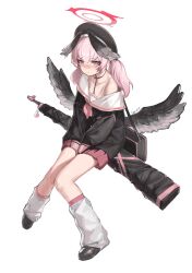 Rule 34 | 1girl, absurdres, beret, black choker, black footwear, black hat, black serafuku, black wings, blue archive, blush, chinese commentary, choker, closed mouth, collarbone, commentary request, countryman (artist), embarrassed, feathered wings, full body, gun, halo, hat, head wings, highres, knees together feet apart, koharu (blue archive), long hair, loose socks, low wings, off shoulder, own hands together, pink eyes, pink hair, pink skirt, pleated skirt, sailor collar, school uniform, serafuku, shoes, simple background, sitting, skirt, socks, solo, twintails, weapon, white background, white sailor collar, white socks, wings