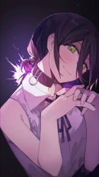 Rule 34 | 1girl, bare shoulders, black background, black hair, black skirt, blush, bow, bowtie, breasts, chainsaw man, choker, closed mouth, collared shirt, commentary, english commentary, fingernails, gradient background, green eyes, hair between eyes, hands up, highres, light, looking at viewer, medium breasts, own hands together, ponytail, purple background, purple bow, purple bowtie, purple choker, purple shirt, reze (chainsaw man), rirene rn, shirt, short hair, short ponytail, skirt, sleeveless, sleeveless shirt, smile, solo