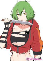 Rule 34 | 1girl, absurdres, artist name, breast tattoo, breasts, cleavage, ge-b, green hair, hair between eyes, hand up, highres, hikage (senran kagura), holding, holding knife, hood, hood down, hooded jacket, huge breasts, jacket, knife, large breasts, licking, licking blade, licking weapon, navel, red jacket, senran kagura, short hair, simple background, slit pupils, solo, tattoo, tongue, tongue out, torn clothes, torn jacket, weapon, yellow eyes