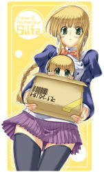 Rule 34 | 00s, 1girl, android, blonde hair, blush, box, braid, braided ponytail, green eyes, in box, in container, long hair, maid, robot ears, silfa (to heart), single braid, skirt, solo, thighhighs, to heart (series), to heart 2, to heart 2 ad, uemukai dai, uemuki dai, zettai ryouiki