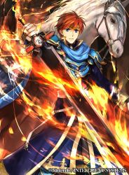 Rule 34 | 1boy, armor, blue eyes, cape, durandal (fire emblem), eliwood (fire emblem), fire, fire emblem, fire emblem: the blazing blade, fire emblem cipher, gloves, headband, holding, holding weapon, looking at viewer, male focus, nintendo, official art, red hair, short hair, solo, sword, wada sachiko, weapon