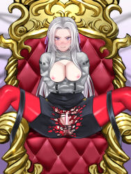 Rule 34 | 1girl, absurdres, breasts, breasts out, censored, crying, edelgard von hresvelg, fire emblem, fire emblem: three houses, highres, looking at viewer, medium breasts, nintendo, nipples, pocari66, purple eyes, solo, spread legs, straitjacket, throne, torn clothes, white hair