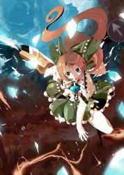 Rule 34 | 1girl, :o, alternate hair color, arm cannon, bare legs, blue eyes, bow, brooch, buttons, female focus, fire, flying, frilled shirt collar, frilled skirt, frilled sleeves, frills, from above, green bow, green skirt, hair bow, highres, jewelry, light brown hair, long hair, looking at viewer, open mouth, outstretched arm, ponytail, puffy short sleeves, puffy sleeves, red hair, reiuji utsuho, road sign, ryuu, ryuu (tsukinoyuki), shaded face, shirt, short sleeves, sign, skirt, solo, touhou, very long hair, weapon, white shirt