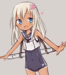 Rule 34 | 10s, 1girl, :d, amaka, blonde hair, blue eyes, blush, clothes writing, crop top, flower, hair flower, hair ornament, kantai collection, long hair, one-piece tan, open mouth, ro-500 (kancolle), school swimsuit, school uniform, serafuku, smile, solo, swimsuit, swimsuit under clothes, tan, tanline, thighs, tongue, torpedo