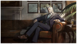 Rule 34 | 1boy, alcohol, animal ears, arknights, bird ears, black jacket, black pants, blue necktie, border, brown footwear, chinese commentary, closed mouth, collared shirt, commentary request, couch, crossed legs, cup, dress shirt, dress shoes, facial hair, feather hair, fireplace, formal, glass, goatee, hellagur (arknights), highres, holding, holding cup, ice, ice cube, indoors, jacket, long hair, long sleeves, looking at viewer, male focus, mature male, mustache, necktie, open clothes, open collar, open jacket, palm leaf, pants, picture frame, ren (gh), serious, shadow, shirt, sitting, socks, solo, suit, suit jacket, tuxedo, waistcoat, watermark, web address, whiskey, white border, white hair, white shirt