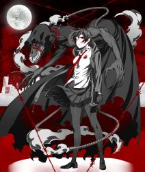 Rule 34 | 1girl, arizuka (catacombe), barbed wire, black hair, clenched hand, full moon, highres, loafers, monster, moon, necktie, original, pantyhose, red eyes, school uniform, serafuku, shoes