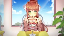 Rule 34 | 1girl, artist name, bare shoulders, blue sky, blush, bow, brown hair, brown sweater, casual, chair, closed mouth, cloud, collarbone, cup, day, doki doki literature club, elbows on table, food, fruit, green eyes, hair bow, hair intakes, highres, ice cream, indoors, long hair, long sleeves, looking at viewer, monika (doki doki literature club), own hands clasped, own hands together, parfait, plant, pocky, ponytail, potted plant, pov across table, prodonyang, ribbed sweater, ribbon, sidelocks, sitting, sky, smile, solo, strawberry, sweater, table, twitter username, upper body, wafer, white bow, window