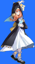 Rule 34 | 1girl, absurdres, arm up, armband, black footwear, blue archive, blue background, blue eyes, blue neckerchief, blush, braid, chadlink, chinese commentary, closed mouth, dress, frilled socks, frills, full body, habit, hair between eyes, halo, highres, long sleeves, looking at viewer, mari (blue archive), neckerchief, nun, orange hair, sailor collar, simple background, single braid, smile, socks, solo, tassel, white dress, white sailor collar