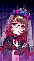 Rule 34 | 1girl, :3, absurdres, android, breasts, bridal veil, brown hair, chain, cleavage, collarbone, detached collar, flower, glasses, hair flower, hair ornament, head tilt, heart, heart-shaped pupils, highres, hololive, joints, large breasts, otk, red eyes, roboco-san, roboco-san (dark bride), robot joints, smile, solo, symbol-shaped pupils, teardrop-framed glasses, tiara, tongue, tongue out, upper body, veil, virtual youtuber, wrist cuffs, yandere trance
