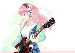 Rule 34 | 1girl, breasts, guitar, headphones, instrument, large breasts, long hair, looking at viewer, nitroplus, open mouth, pink hair, playing instrument, pom pom (clothes), red eyes, smile, solo, super sonico, zoom (artist)