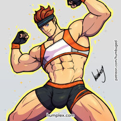 Rule 34 | 1boy, arms up, artist name, blue eyes, grey background, humbuged, leggings, male focus, muscular, muscular male, red hair, ring fit adventure, ring fit trainee, ring fit trainee (male), shirt, sleeveless, sleeveless shirt, sweat, white shirt