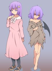 Rule 34 | 2girls, :&lt;, absurdres, angry, bare shoulders, barefoot, bat wings, black legwear, bow, bright pupils, crescent, crescent hair ornament, dress, gradient background, hair between eyes, hair ornament, highres, long dress, long hair, long sleeves, mary janes, multiple girls, pantyhose, patchouli knowledge, pink dress, purple eyes, purple hair, red eyes, remilia scarlet, sad, shoes, short hair, sidelocks, simple background, suwaneko, torn clothes, touhou, white pupils, wings