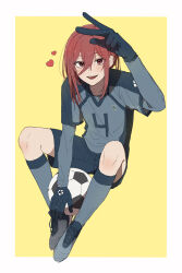 Rule 34 | 1boy, absurdres, arm up, ball, blue footwear, blue gloves, blue lock, blue shirt, blue shorts, chigiri hyoma, full body, gloves, highres, knees up, long hair, long sleeves, looking at viewer, male focus, open mouth, red eyes, red hair, shinonome kanon (z l89m), shirt, shoes, shorts, sitting, smile, soccer ball, soccer uniform, socks, solo, sportswear, yellow background