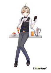 Rule 34 | 1boy, ahoge, badge, belt, black belt, black bow, black bowtie, black footwear, black vest, blush, bow, bowl, bowtie, clipboard, closed mouth, closers, coffee pot, collared shirt, copyright name, cup, drinking, drinking glass, food, full body, gloves, green eyes, grey hair, grey pants, hands up, highres, holding, holding clipboard, holding pen, knees together feet apart, logo, looking at viewer, male focus, mistilteinn (closers), official art, oxfords, pants, pen, pen to mouth, shaved ice, shelf, shirt, short hair, sleeves past elbows, solo, standing, tachi-e, traditional bowtie, vest, waistcoat, waiter, white background, white gloves, white shirt