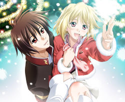 Rule 34 | 1boy, 1girl, :d, arm up, black jacket, blonde hair, boots, brown hair, carrying, christmas, christmas tree, couple, from above, fur-trimmed jacket, fur-trimmed sleeves, fur trim, gundam, gundam seed, hair between eyes, hetero, igulxxx, jacket, knee boots, lens flare, long hair, long sleeves, looking up, miniskirt, open clothes, open jacket, open mouth, pink shirt, princess carry, red eyes, red jacket, shinn asuka, shirt, short hair, skirt, smile, sparkle, stellar loussier, white footwear, white skirt