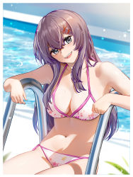 Rule 34 | 1girl, :d, absurdres, bare arms, bare shoulders, bikini, breasts, cen (cenll), commentary request, grey eyes, grey hair, hair between eyes, hair ornament, hairclip, highres, large breasts, long hair, looking at viewer, navel, open mouth, original, pool, sitting, smile, solo, stomach, swimsuit, thighs, very long hair, white bikini