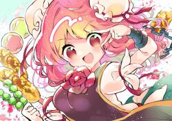 Rule 34 | 1girl, :d, brown tabard, bun cover, chain, commentary request, cuffs, double bun, flower, food, green skirt, hair bun, holding, holding food, ibaraki kasen, long hair, looking at viewer, mikako chan3, open mouth, pink flower, pink hair, pink rose, puffy short sleeves, puffy sleeves, red eyes, red flower, red rose, rose, shirt, short sleeves, skewer, skirt, smile, solo, tabard, touhou, upper body, v over eye, white shirt