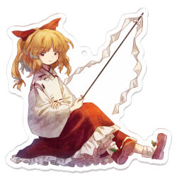 Rule 34 | 1girl, blonde hair, blonde shrine maiden from a future era (touhou), bow, commentary request, detached sleeves, expressionless, frilled skirt, frills, gohei, hair bow, hakama, japanese clothes, kariginu, long sleeves, orange eyes, portrait of exotic girls, red bow, red footwear, red hakama, red skirt, retrochaossan, shirt, shoe soles, side ponytail, skirt, socks, solo, touhou, white shirt, white sleeves, white socks, wide sleeves, zun (style)
