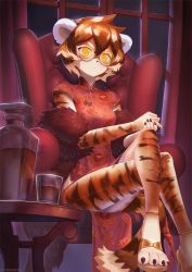 Rule 34 | 1girl, alcohol, animal ears, arknights, carbon12th, chair, china dress, chinese clothes, closed mouth, crossed legs, dress, furry, furry female, glass, glass bottle, hair between eyes, high heels, highres, looking at viewer, night, night sky, orange-tinted eyewear, orange-tinted glasses, orange eyes, orange hair, paw shoes, red dress, round eyewear, shoes, short hair, sitting, sky, solo, sunglasses, table, tail, tiger ears, tiger girl, tiger tail, tinted eyewear, v-shaped eyebrows, waai fu (arknights), whiskey, window