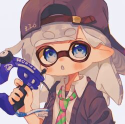 Rule 34 | 1girl, :o, backwards hat, black hat, blue eyes, commentary request, dapple dualies (splatoon), eyebrows hidden by hair, green necktie, grey hair, gun, hat, highres, holding, holding gun, holding weapon, inkling, inkling girl, inkling player character, long hair, looking at viewer, necktie, nintendo, ochocho2828, pink necktie, pointy ears, simple background, solo, splatoon (series), splatoon 3, striped necktie, tentacle hair, thick eyebrows, two-tone necktie, upper body, weapon, white background