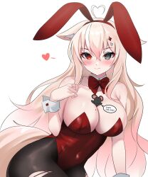 Rule 34 | absurdres, ahoge, animal ears, between breasts, blonde hair, blush, bow, breasts, cat ears, collarbone, fake animal ears, grey eyes, hair ornament, heart, heart ahoge, heterochromia, highres, korean text, kumarang, large breasts, leotard, long hair, looking at viewer, mole, mole on breast, original, pantyhose, playboy bunny, rabbit ears, red bow, red eyes, red leotard, simple background, smile, speech bubble, strapless, strapless leotard, thighs, very long hair, white background