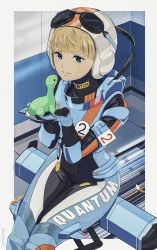 Rule 34 | 1girl, absurdres, animification, apex legends, blonde hair, blue bodysuit, blue eyes, blue gloves, bodysuit, cable, dangoyan, eyebrows hidden by hair, facial scar, gloves, goggles, goggles on headwear, helmet, highres, holding, holding stuffed toy, nessie (respawn), parted lips, scar, scar on cheek, scar on face, sitting, smile, solo, stuffed toy, wattson (apex legends), white headwear, wired for speed wattson