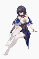 Rule 34 | 1girl, :d, absurdres, arm support, bare shoulders, black dress, black gloves, black hair, blue hair, blush, breasts, cleavage, colored inner hair, dress, drooling, fingerless gloves, full body, gloves, hair between eyes, halter dress, halterneck, highres, honkai (series), honkai impact 3rd, large breasts, leg up, legs, long hair, multicolored hair, no shoes, on floor, open mouth, pointing, red eyes, ribbon, saliva, seele (alter ego), seele vollerei, seele vollerei (starchasm nyx), shenqi xiao hong zai nali, short dress, short sleeves, sidelocks, single glove, sitting, smile, solo, star (symbol), thighhighs, white background, white thighhighs, wrist ribbon