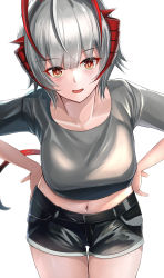 Rule 34 | 1girl, absurdres, arknights, blush, breasts, cleavage, depayama (depaty), grey shirt, hand on own hip, highres, horns, navel, open mouth, red eyes, shirt, short shorts, shorts, silver hair, smile, solo, w (arknights), white background