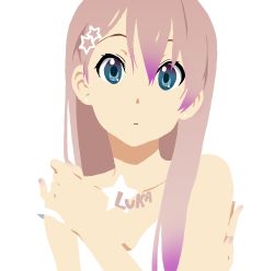 Rule 34 | 1girl, 3aya n, bare shoulders, blue eyes, body writing, bodyart, flat color, gradient hair, hair ornament, hairclip, k-on!, long hair, lowres, megurine luka, multicolored hair, nail polish, no lineart, parody, pink hair, simple background, solo, star (symbol), strap slip, style parody, tattoo, vocaloid, white background