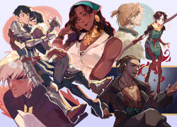Rule 34 | 3girls, 4boys, anders (dragon age), armor, bandana, beard stubble, black hair, blonde hair, breasts, brother and sister, brown hair, carver hawke, chest hair, cleavage, dark-skinned female, dark-skinned male, dark skin, dragon age, dragon age 2, dwarf, earrings, elf, facial hair, facial mark, facial tattoo, fenris (dragon age 2), full body, green eyes, happy, highres, holding, holding staff, hug, i-wanna-hug, isabela (dragon age), jewelry, looking at viewer, marian hawke, medium breasts, medium hair, merrill (dragon age 2), multiple boys, multiple girls, necklace, notice lines, one eye closed, orange hair, pectoral cleavage, pectorals, pirate, pointy ears, profile, short hair, short ponytail, siblings, smile, staff, stubble, tattoo, upper body, varric tethras, white hair