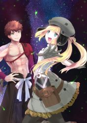 Rule 34 | absurdres, artoria caster (fate), artoria caster (first ascension) (fate), artoria pendragon (fate), belt, belt bag, black pants, black pantyhose, blonde hair, boots, breasts, brown belt, buttons, cape, closed mouth, emiya shirou, fate/grand order, fate (series), flower, fur hat, gloves, green eyes, grey footwear, grey gloves, grey headwear, hat, highres, long fall boots, long hair, long sleeves, multicolored cape, multicolored clothes, night, open mouth, orange eyes, orange hair, pants, pantyhose, pink flower, senji muramasa (fate), short hair, skirt, small breasts, smile, standing, star (sky), twintails, user ccpx7842, ushanka, vest, white flower, white skirt, white vest