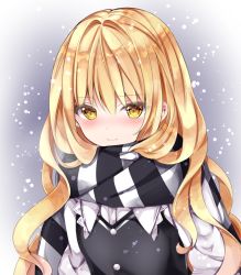Rule 34 | 1girl, bad id, bad pixiv id, blonde hair, blush, commentary request, gradient background, kirisame marisa, looking at viewer, nanase nao, scarf, simple background, smile, snow, touhou, yellow eyes