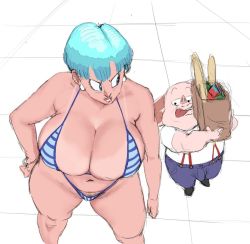 Rule 34 | 1girl, angry, animal, arm at side, armpits, bag, bikini, blue eyes, breasts, bulge, bulma, cleavage, dragon ball, dragonball z, earrings, erection, erection under clothes, feet out of frame, female pubic hair, food, from above, green hair, hand on own hip, holding, holding bag, huge breasts, jewelry, legs, legs apart, looking to the side, oolong, open mouth, pig, pubic hair, pubic hair peek, short hair, simple background, standing, striped bikini, striped clothes, suspenders, swimsuit, tan, tanline, thighs, ultivlad, white background