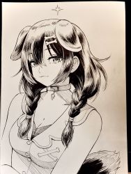 Rule 34 | 1girl, :3, animal ears, belt collar, braid, breasts, cleavage, collar, dog ears, dog tail, graphite (medium), greyscale, hair between eyes, highres, hololive, inugami korone, inugami korone (1st costume), large breasts, long hair, looking at viewer, monochrome, photo (medium), sabaku chitai, smile, solo, tail, traditional media, twin braids, upper body, virtual youtuber